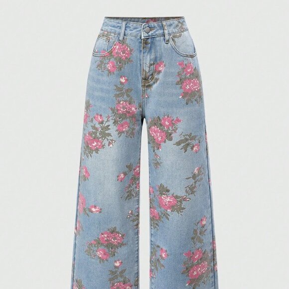 Pink Casual Women's Floral Print Washed Loose Wide-Leg Denim Jeans - Picture 1 of 4